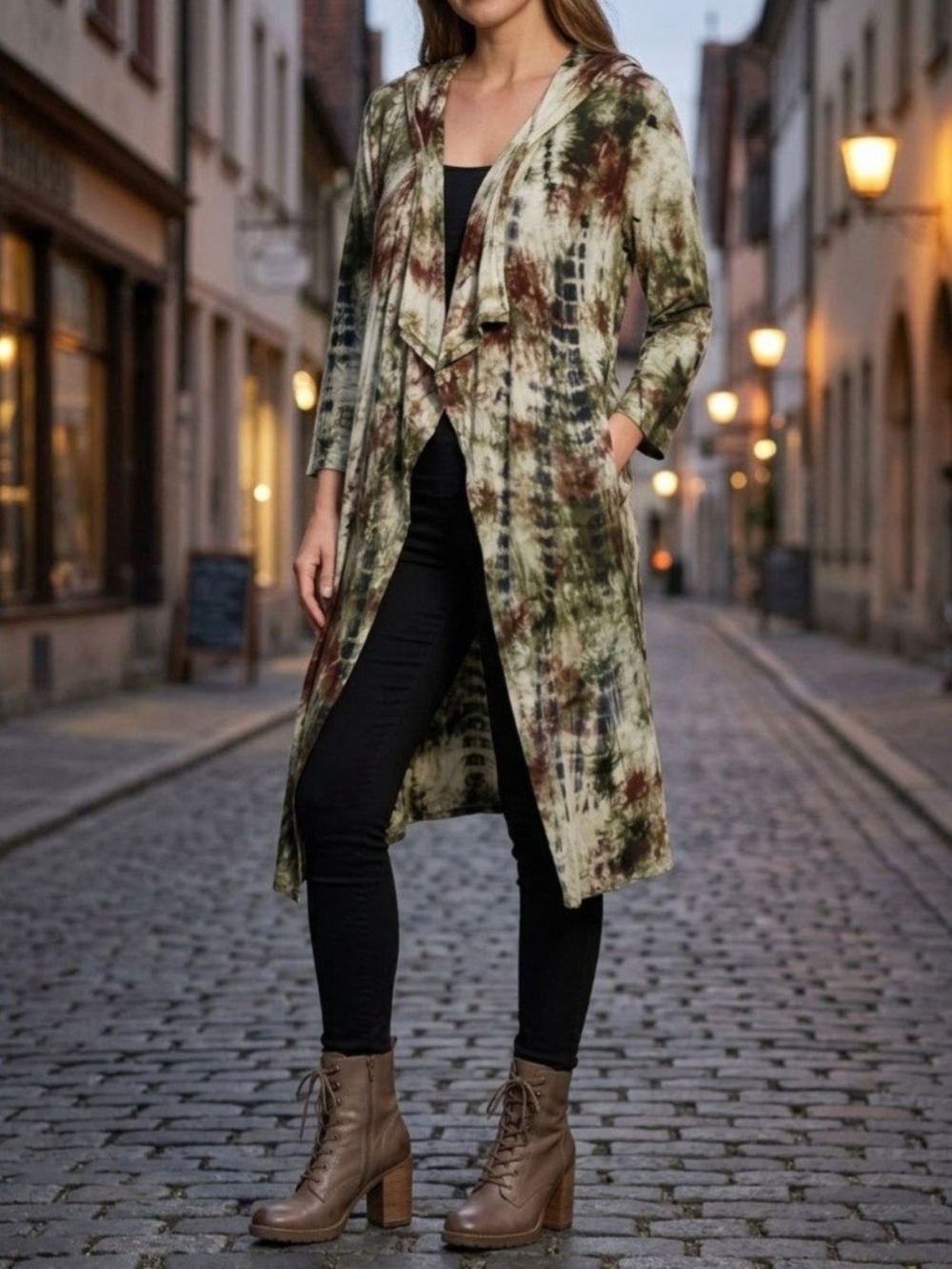 Coin 1804 Tie-Dye Long Sleeve Maxi Dress - Olive & Burgundy. Size L